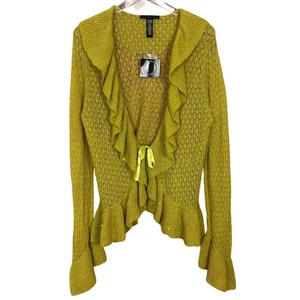 Vintage Y2K Open Knit Wool Blend Ruffle Cardigan Sweater Sequin Size XL NWT - Picture 1 of 6