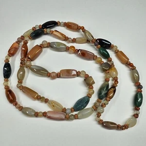 Agate Necklace 51" Multicolor Beaded Hand Knotted Semi Precious Stones Vintage - Picture 1 of 6