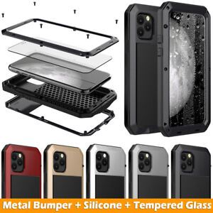 iPhone 11 12 13 14 X XS XR 6 7 8 Waterproof Metal Case Cover + Screen Glass