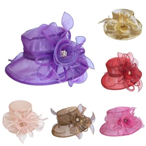 Women Organza Church Hat Fascinator Tea Party Hats Bridal Wedding Sun Hat - Picture 1 of 45