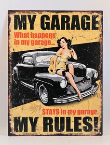 Blechschild - Meine Werkstatt Meine Regeln - Retro Pin up Girl Oldtimer Garage - Bild 1 von 1