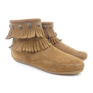 Zapatos mocasines MINNETONKA cuero rugoso flecos marrón coñac talla 39 - Imagen 1 de 5