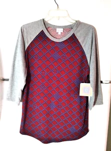 NEW WOMEN'S LULAROE RANDY RED BLUE GEOMETRIC BODY 3/4 GRAY SLEEVE TOP SIZE L - Picture 1 of 3