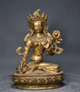 10.2" Antique Tibet Tibetan Buddhism temple Bronze gilt white Bodhisattva statue - Picture 1 of 9