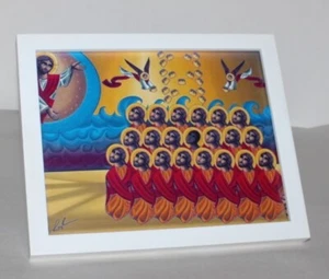 Estampado religioso blanco enmarcado cubierto de vidrio "Mirando a Jesús" colorido - Imagen 1 de 8