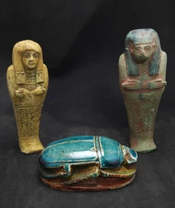 Ancient Egyptian Glazed Scarab & 2 Stone Ushabti Statues – Antique Tomb Set BC - Picture 1 of 16