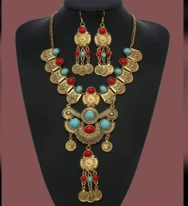 Boho Statement Necklace & Earrings Set Gold, Turquoise & Coral Red - Picture 1 of 7