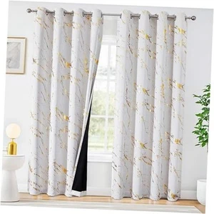 Grey White and Gold 100% Blackout Curtains 84 Inch Length 2 Panels Set for - Picture 1 of 7