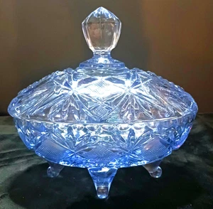 Vintage Blue Cut Glass Footed Candy/Bowl With Lid 7" Tall 7 1/2" Long Oval Shape - Picture 1 of 8