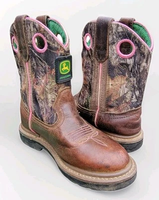 John Deere Boots Youth 13 M Brown Leather Camo Buckaroo Cowboy Western - Image 1 of 4