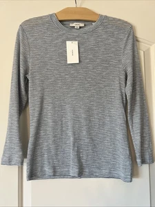 VINCE Linen Stretch Knit Long Sleeve Pullover T-Shirt White Grey Stripe M NWT - Picture 1 of 6