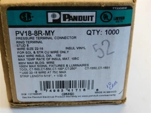 1000 Panduit PV18-8R-MY #8 Stud Red Ring Tongue Terminals 22-16AWG - Bild 1 von 2