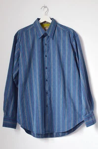 Robert Graham Shirt L Mens Contrast Flip Cuff Button Up Blue Striped Embroidery - Picture 1 of 8