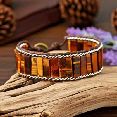 Contas tubulares de olho de tigre naturais feitas à mão trançadas cura pulseira feminina masculina presente - Imagem 1 de 4