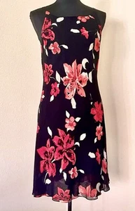 JONES NEW YORK Black Red & Pink W/White Floral Dress Ruffle Hem Size M / 10 - Picture 1 of 22