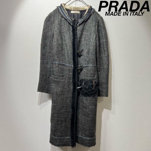 Raro cappotto Prada alta qualità design pelliccia lana tweed senza colletto