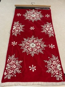 Rachel Zoe Table Runner Red Velvet Snowflake Embroidered Beaded Christmas NWT - Picture 1 of 11