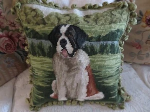 Stunning French Style Aubusson St. Bernard Vintage w/ Fringe Needlepoint Pillow - Picture 1 of 9