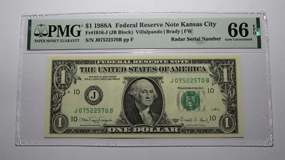 $1 1988 Radar Serial Number Federal Reserve Currency Bank Note Bill PMG UNC66EPQ - Image 1 of 3