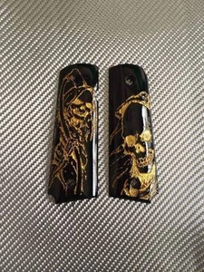 Gold Ghost of Death Black Resin Grip For Colt 1911 Government Full Size Kimber - Picture 1 of 7