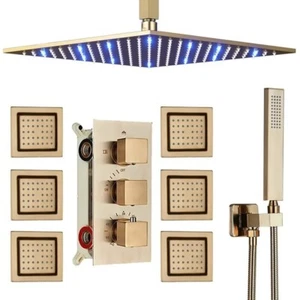 Thermostatic Brushed Gold 12 In LED Rainfall Shower Head Combo with 6 Body Jets - Picture 1 of 9