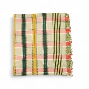 Welsh Wool Blanket Traditional Woven Yellow Green & Pink 72" x 85" - Preloved - Picture 1 of 9