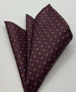 Pocket Square, 10 Ins, Burgundy With Blue & Orange Geometric Pattern - Picture 1 of 3