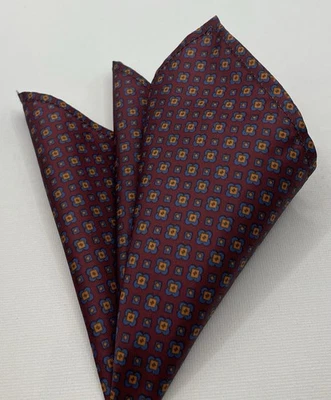Pocket Square, 10 Ins, Burgundy With Blue & Orange Geometric Pattern - Image 1 of 3