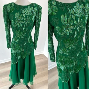 Vintage Jack Bryan Green Chiffon Gown Sequins and Beads Size 6 Long Sleeve - Picture 1 of 18