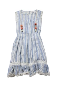 Bell Girls Cotton Striped Print Ruched Pom Pom Sleeveless Midi Dress Blue Size 8 - Picture 1 of 4