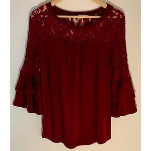 Miselon Burgundy Lace Bell Sleeve Top Women's Size L Boho Blouse - Picture 1 of 4