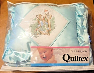 Vtg Quiltex Peter Rabbit Baby Blue Quilt Pillow Set w tag Orig Pkg Small Pull - Picture 1 of 14