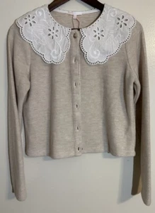 GB Oatmeal White Collared Cardigan Sweater Womens Small Button Front Retro - Picture 1 of 5