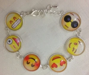 Silver Plated 6 Emoji Charm Bracelet With Extension Chain to Fit Wrists 7" - 9" - Picture 1 of 4