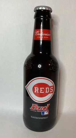 Cincinnati Reds Budweiser Large Glass Bottle 15" Tall With Lid Great Condition Cover