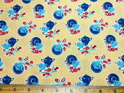 Riley Blake Cook Book Teacups Saucers Teapots Quilt Fabric LORI HOLT  FQ - Image 1 of 4