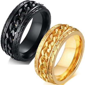 Anillo de banda giratoria de cadena de borde ranurado de acero inoxidable negro o enchapado en oro - Imagen 1 de 8