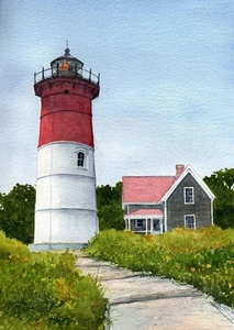 Nauset Lighthouse Eastham Cape Cod Massachusetts Matted Watercolor Art Prints - Picture 1 of 2