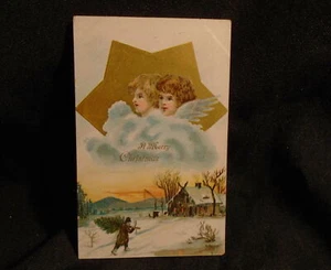 Frohe Weihnachten antike Postkarte 2 Engel in Gold Stern über Bauernhaus 1908. - Bild 1 von 2