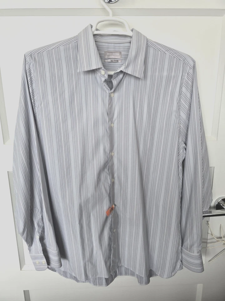 Camisa de hombre con botones manga larga azul y marrón a rayas de Hickey Freeman XL Foto 1 de 4