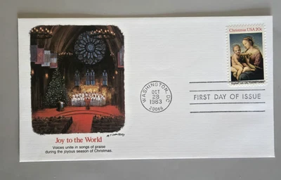 1983 Primer Día Cubierta Alegría al Mundo FDC Escena de Invierno Navidad Foto 1 de 4