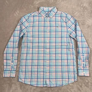 Vineyard Vines Whale Shirt Boys Size Large 16 Blue Plaid Button Down Long Sleeve - Picture 1 of 10