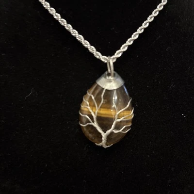 Pedra de olho de gato Tree Of Life envolta em aço inoxidável aproximadamente 22"" - Imagem 1 de 3