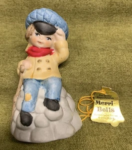 Merri Bells Bisque Porcelain Figurine Bell Jasco 1978 Boy Sitting on Rock w Cane - Picture 1 of 11