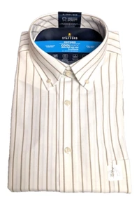 NEW Stafford Mens Coolmax Oxford Shirt XL 17-17.5 32-33 Stretch Brown Stripe $60 - Picture 1 of 8