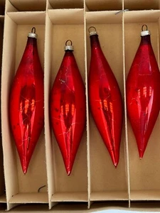 Box of 4 MADE IN WEST GERMANY Red 4 1/2” Teardrop Glass Christmas Ornaments - Picture 1 of 6