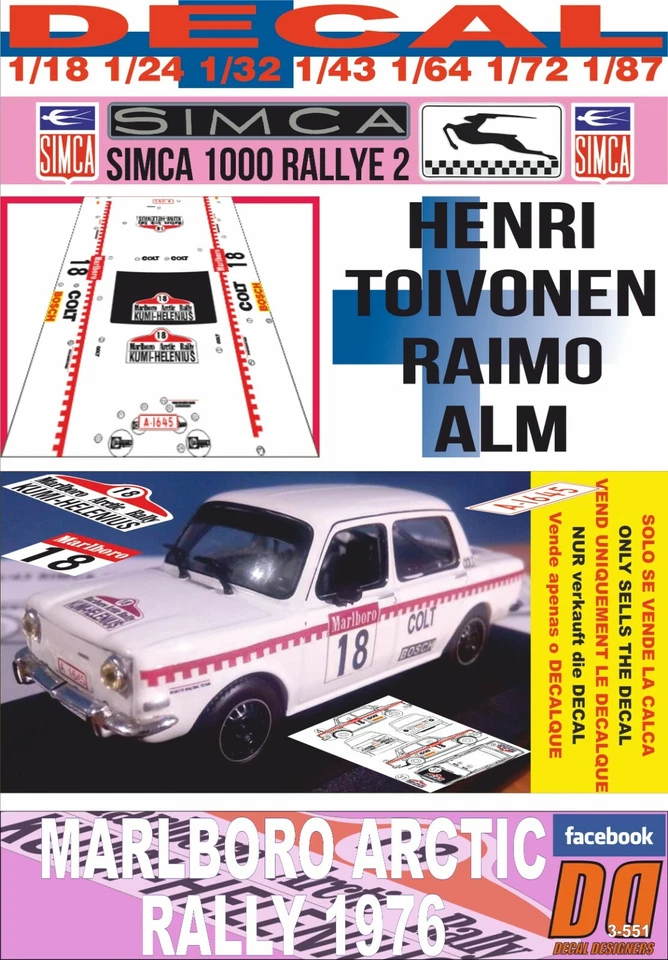 DECAL SIMCA 1000 RALLYE 2 HENRI TOIVONEN ARCTIC R. 1976 DnF (08) - Image 1 of 1