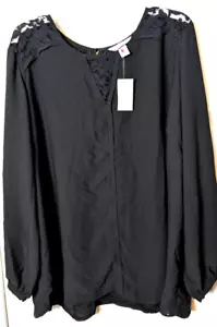 NUOVA CJ Banks camicia nera tinta unita manica lunga 2x blusa carriera inserti in pizzo - Foto 1 di 4