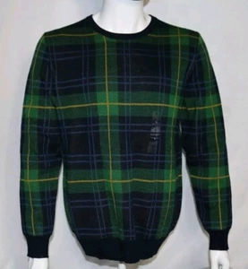 75$ Club Room Men's Merino Wool Blend Crew Easy Care Sweater, Blue/Green Plaid L - Picture 1 of 10