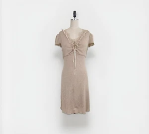 VTG Y2K 90's BISOU BISOU Dress Size 10 Babydoll Beige Lettuce Hem Short Sleeve - Picture 1 of 11